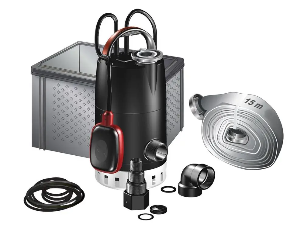 Tauchpumpe von Grundfos mit Zubehör: Pumpe, Schlauch, Verbindungsteile und Dichtungen zur effizienten Entwässerung. Ideal für Hochwasseranwendungen.